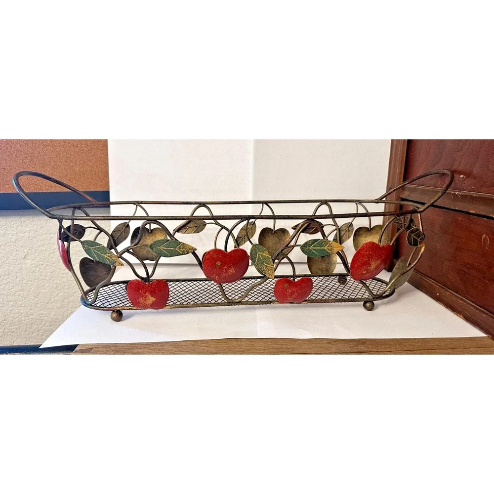 Oblong Metal Apple Decor Basket w/Apples & Leaves Design